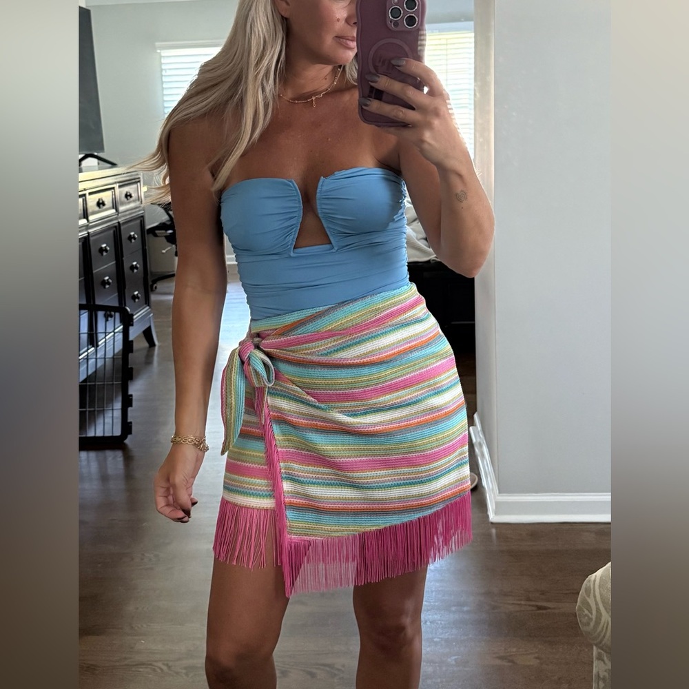 Blue Strapless Top with Multicolor Striped Skirt